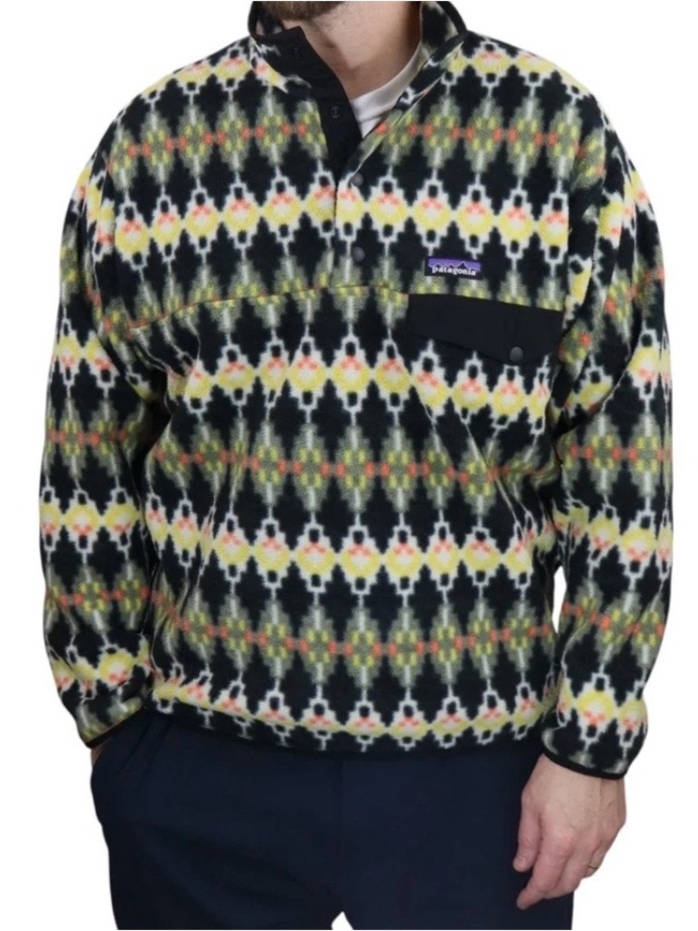 Patagonia Black Patterned Fleece Pullover with Yellow & Green Accents